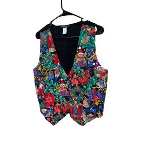 Vintage Robyn Lyn‎ Large Christmas Holiday Vest Poinsettia Teddy Bear Nutcracker